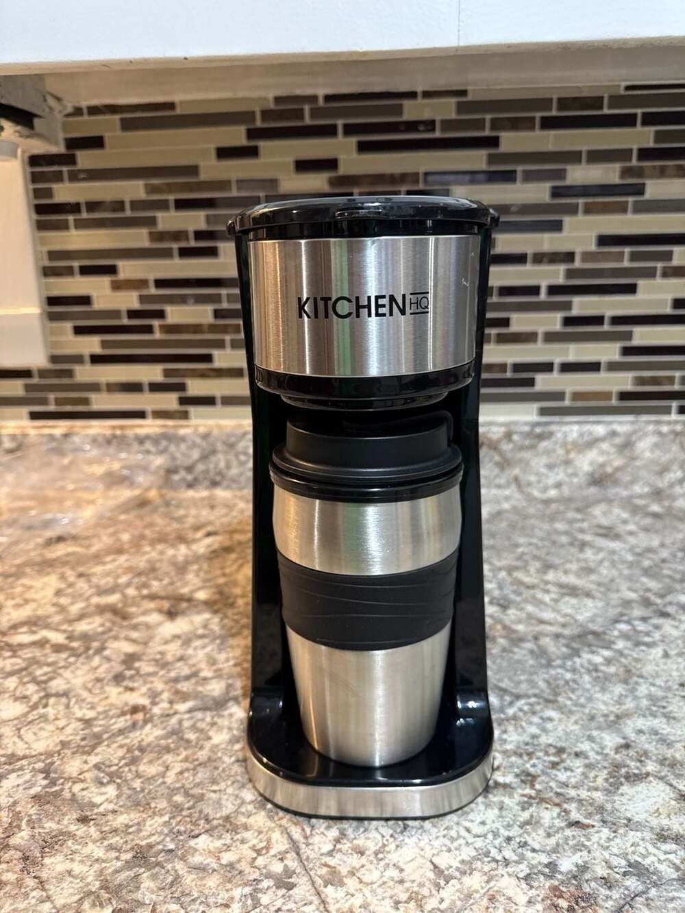 Kitchen HQ Single Serve Coffee Maker with 14oz Stainless Steel Travel Mug